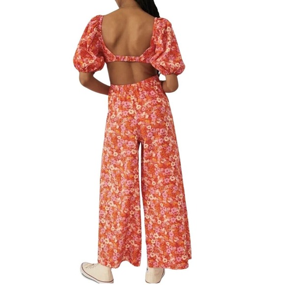 NWT Free People Floral Jumpsuit Amy Jumpsuit S Wide Leg Puff Sleeves Boho Gypsy - Picture 4 of 11